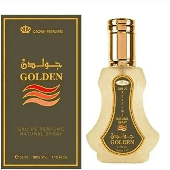 Gouden parfumfles en doos van Al-Rehab Parfum Golden voor een luxe geurervaring