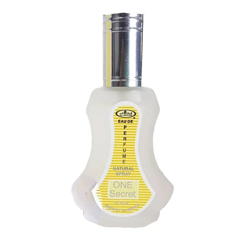 Frosted glass parfum One Secret bottle with silver cap, elegant and sophisticated