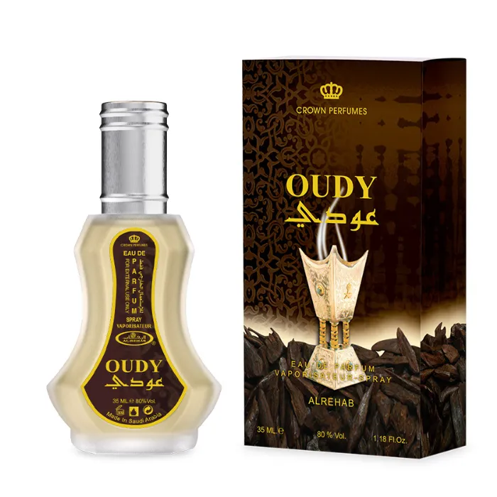 Al-Rehab Parfum Oudy fles en doos, een luxe Arabische parfum ervaring