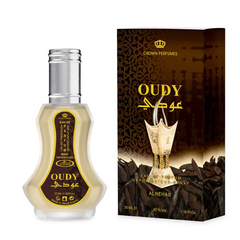 Al-Rehab Parfum Oudy fles en doos, een luxe Arabische parfum ervaring