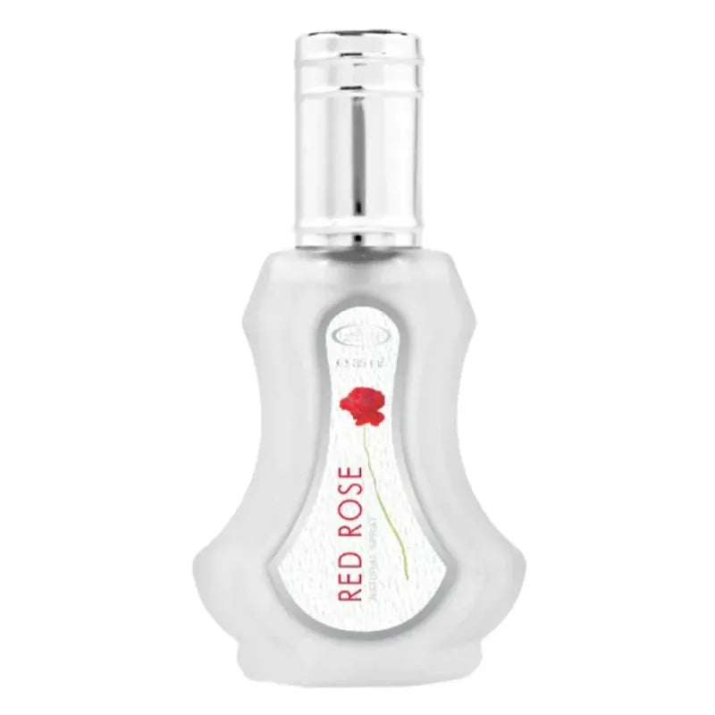 Frosted glass parfum Red Rose bottle met zilveren dop van Al-Rehab Parfum