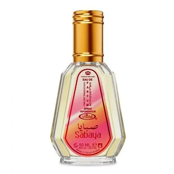 Fles Sabaya Parfum van Al-Rehab met gouden kroon, luxe geurverpakking