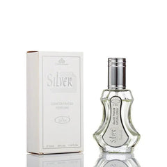 Zilveren parfumfles en doos van Al-Rehab Parfum Silver voor luxe geurervaring