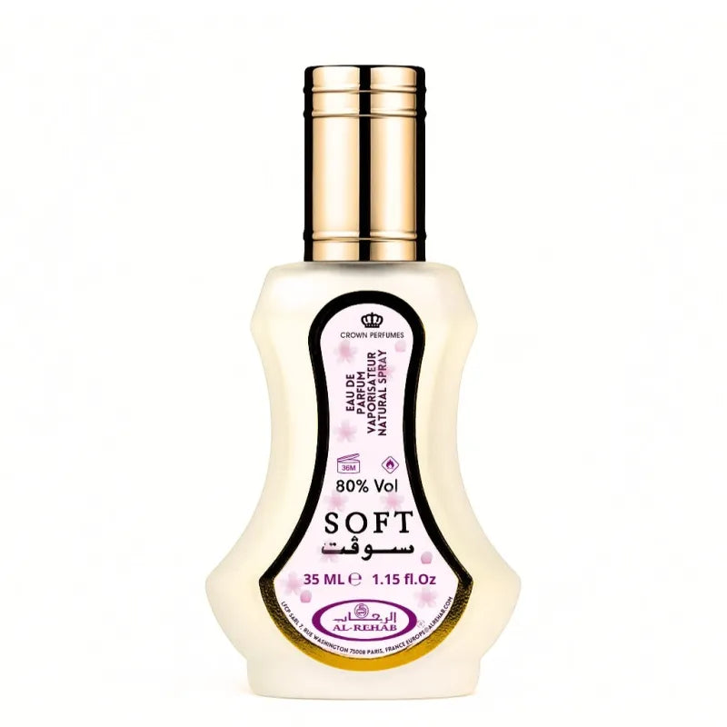 Witte zachte sprayfles parfum Soft van Al-Rehab met gouden dop en label