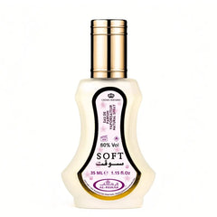 Witte zachte sprayfles parfum Soft van Al-Rehab met gouden dop en label