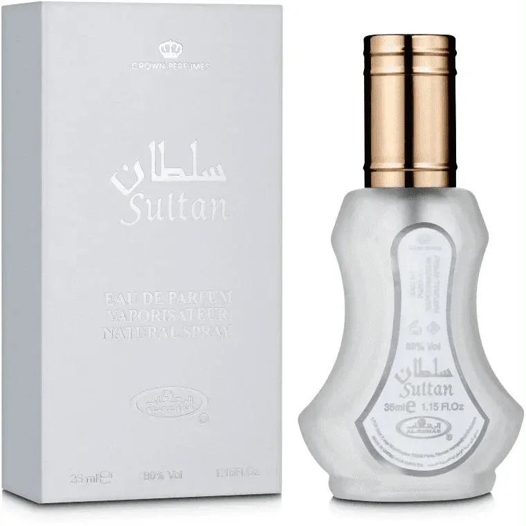 Witte parfumfles en doos van Al-Rehab Parfum Sultan, een arabische parfum