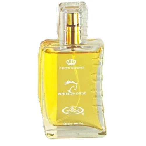 Rechthoekige parfumfles met gouden accenten van Al-rehab Parfum White Horse