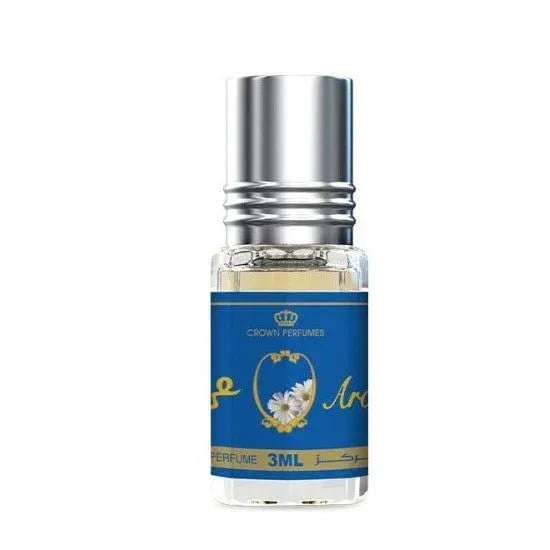 Blauwe parfumolie Aroosah met zilveren dop en gouden details uit bloemige parfum geurfamilie