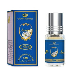 Blauw-gouden parfumolie Aroosah met verpakking en madeliefdesign in bloemige parfum