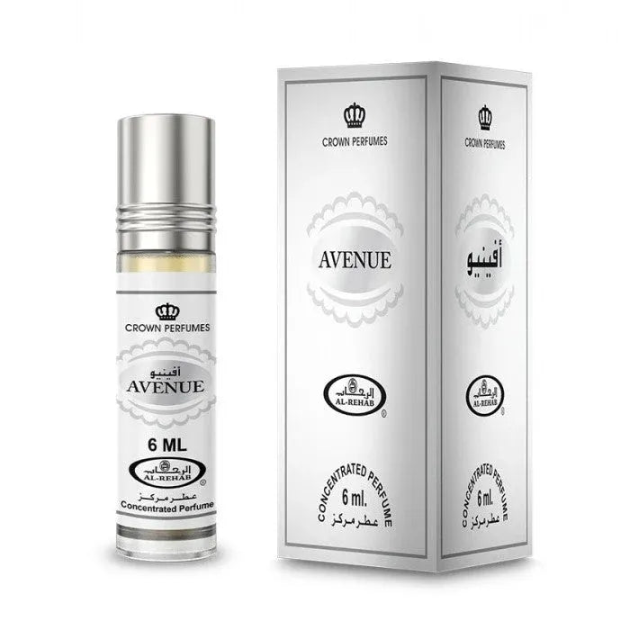 Zilveren parfumfles met witte verpakking van Al-Rehab Parfumolie Avenue