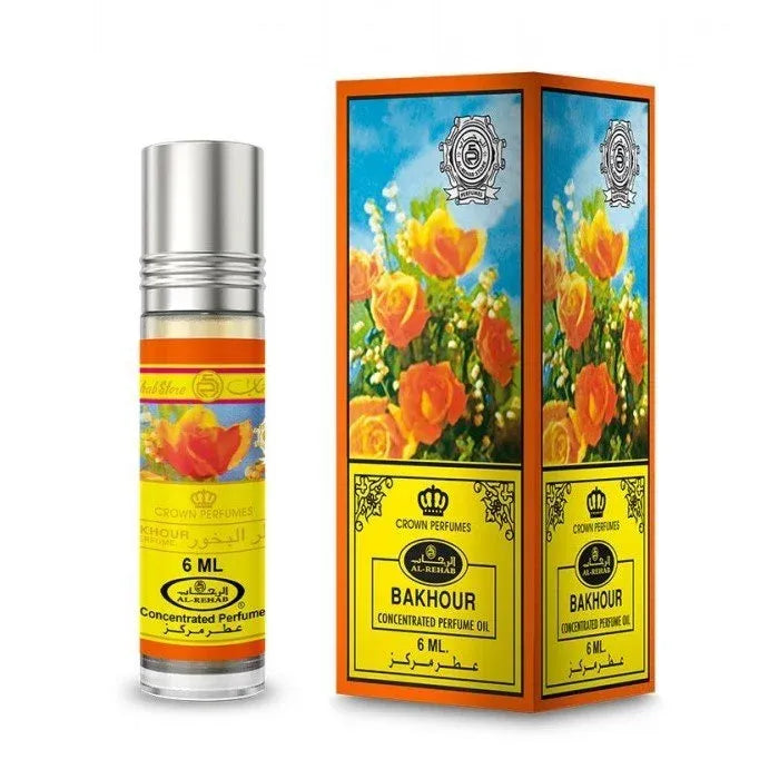 Roll-on parfumolie Bakhour met bloemige parfum verpakking in oranje design