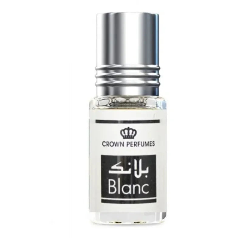 Een parfumfles met Crown Perfumes Blanc en Arabische tekst voor Al-Rehab Parfumolie Blanc