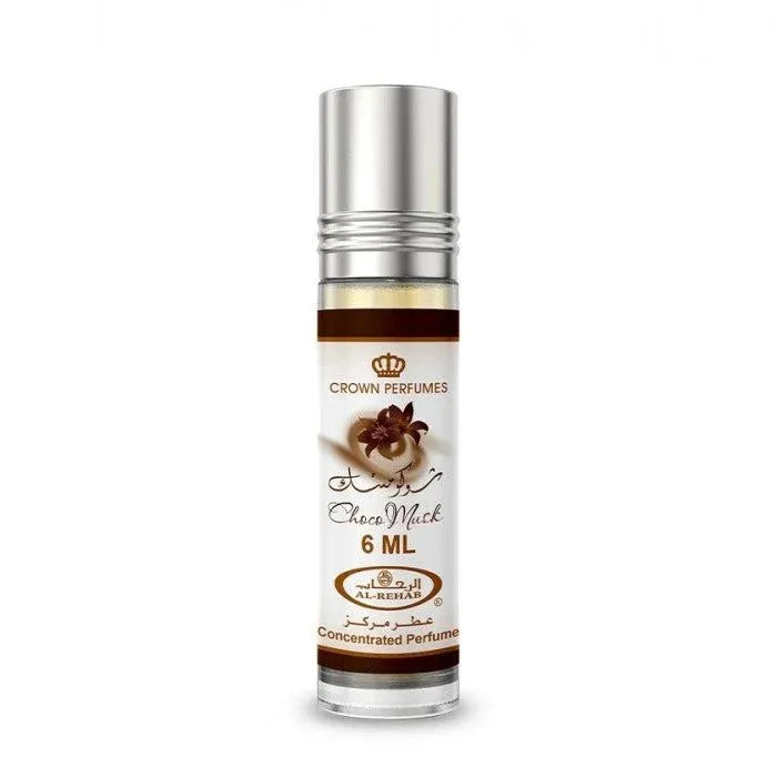 Glazen roll-on parfumfles met Crown Perfumes branding voor Al-Rehab Parfumolie Choco Musk