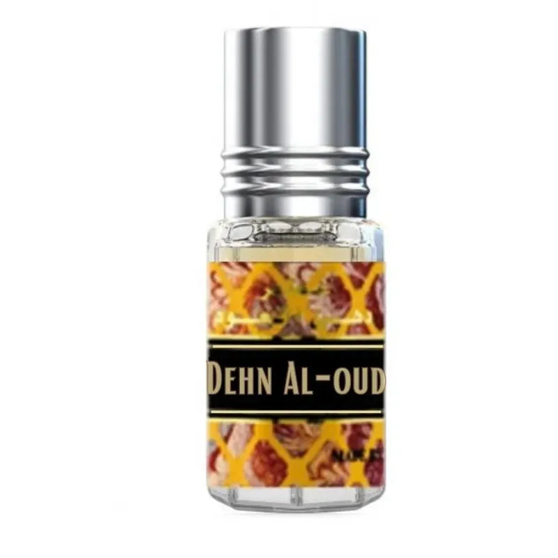 Decoratieve glazen fles Dehn Al-Oud parfumolie met metalen dop en sierpatroon