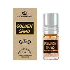 Fles met Al-Rehab Parfumolie Golden Sand en verpakking, parfumolie top keuze