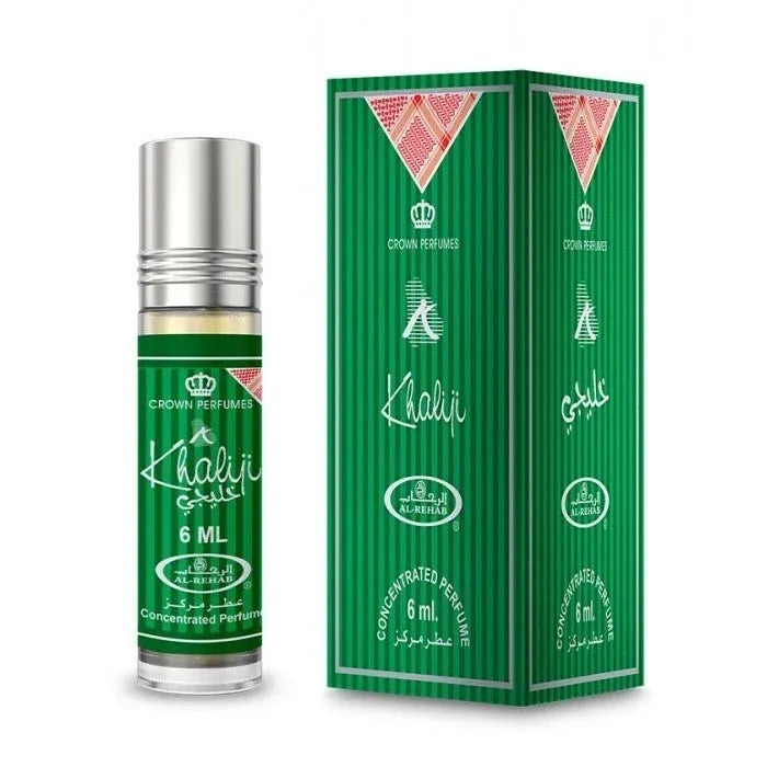 Groen en zilveren parfum roll-on fles met Arabische tekst van Al-Rehab Parfumolie Khaliji