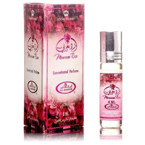 Roze parfumfles met verpakking van Al-Rehab Parfumolie Moroccan Rose