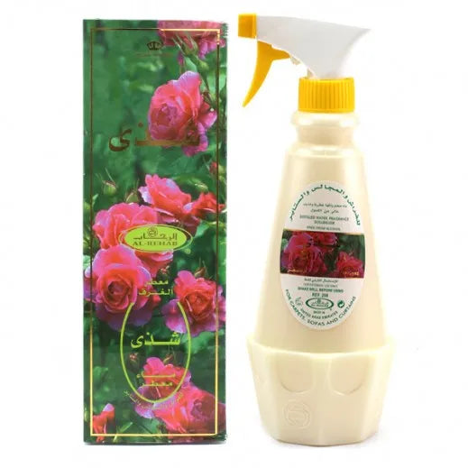 Rose-geparfumeerde water in sprayfles en mooie verpakking van Al-Rehab Roomspray Shadha