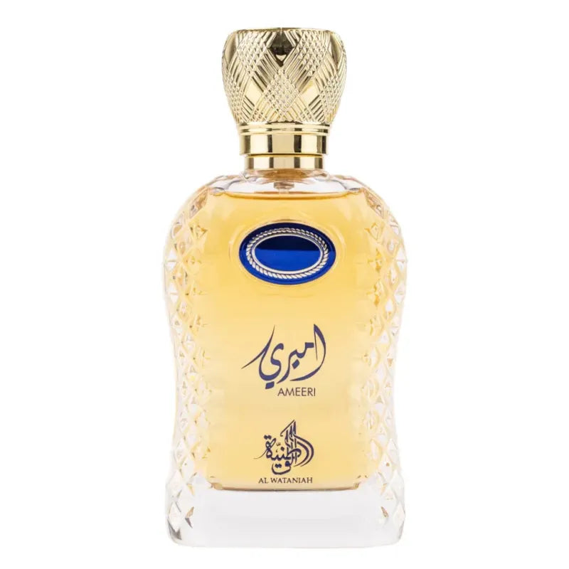 Ornate perfume bottle with golden liquid and Arabic text, Al Wataniah Ameeri producten merk uitgeverij