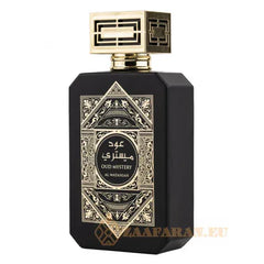 Zwart parfumfles met gouden Arabische patronen van Wataniah Oud Mystery Intense