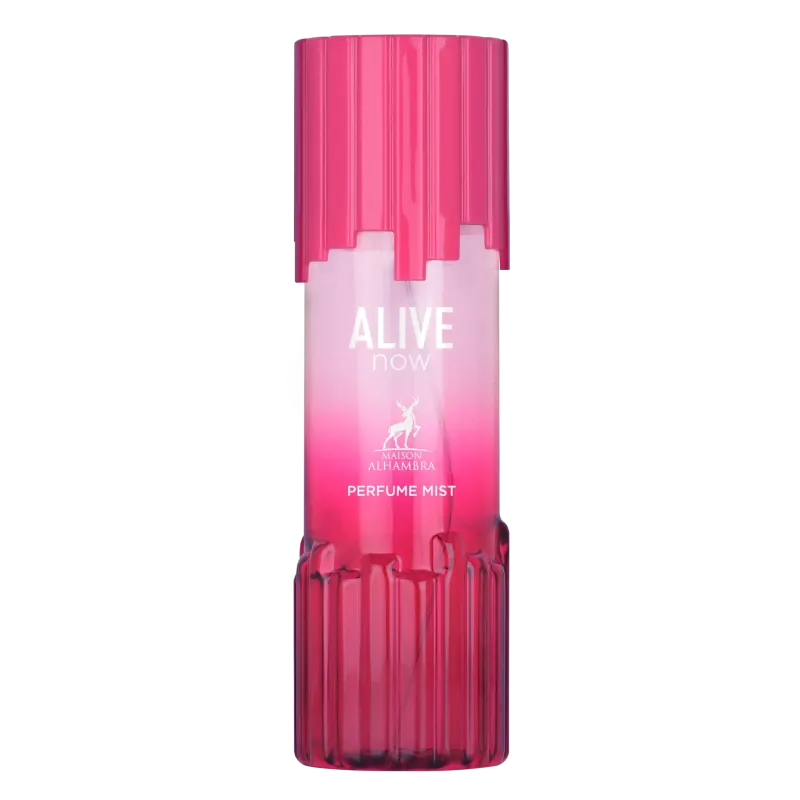 Een levendige roze geribbelde glazen body mist fles met bijpassende dop en gradient label alive now van maison alhambra