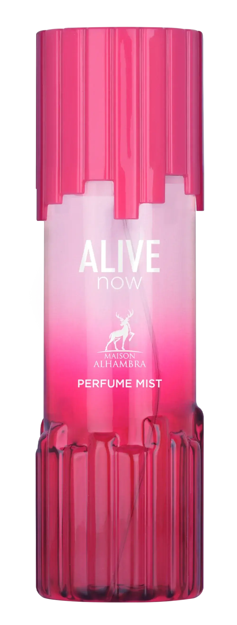 Een levendige roze geribbelde glazen body mist fles met bijpassende dop en gradient label alive now van maison alhambra