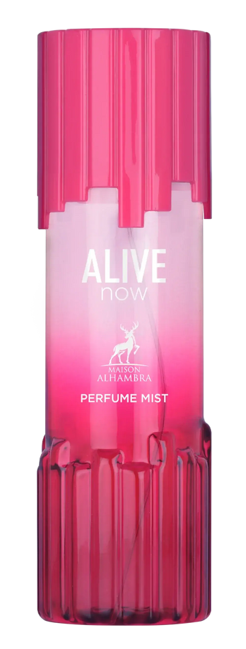 Een levendige roze geribbelde glazen body mist fles met bijpassende dop en gradient label alive now van maison alhambra