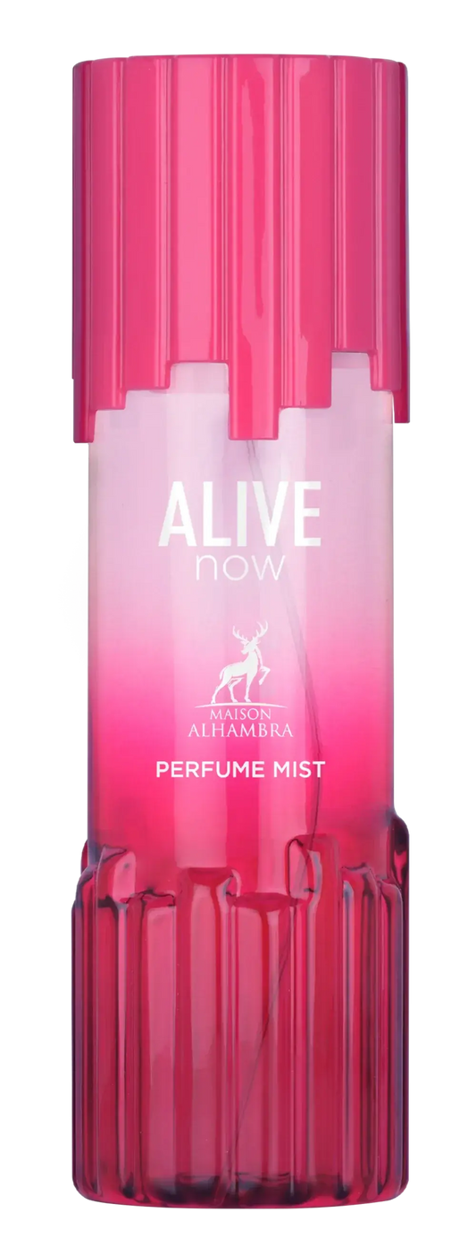 Een levendige roze geribbelde glazen body mist fles met bijpassende dop en gradient label alive now van maison alhambra