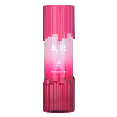 Een levendige roze geribbelde glazen body mist fles met bijpassende dop en gradient label alive now van maison alhambra