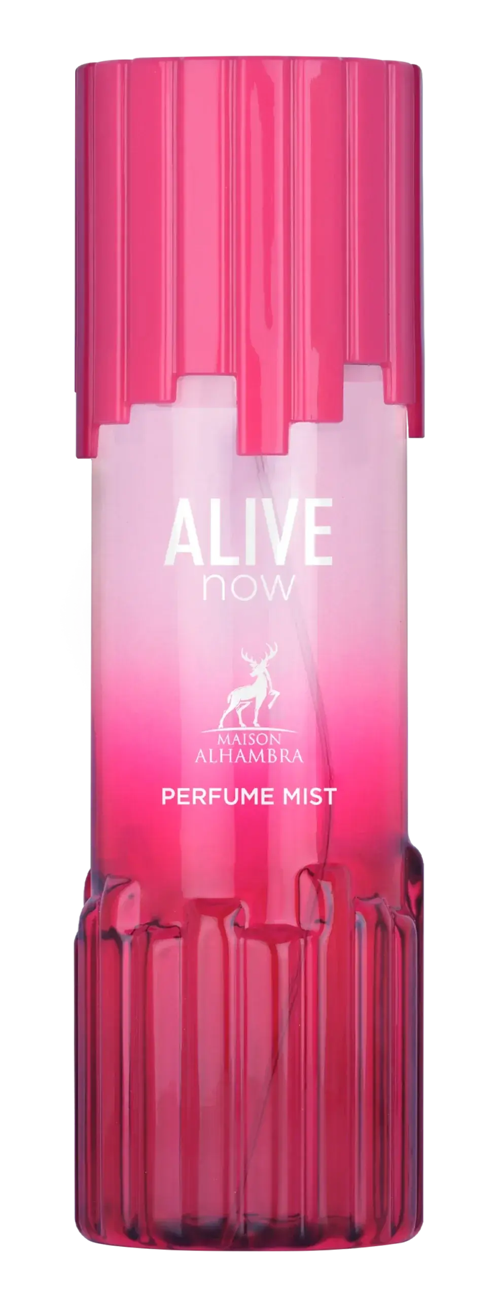 Een levendige roze, geribbelde glazen body mist fles alive now van maison alhambra met bijpassende dop en verloopetiket