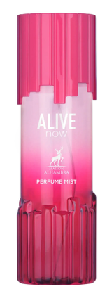 Een levendige roze, geribbelde glazen body mist fles alive now van maison alhambra met bijpassende dop en verloopetiket