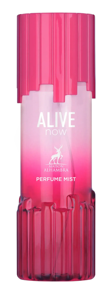 Een levendige roze, geribbelde glazen body mist fles alive now van maison alhambra met bijpassende dop en verloopetiket