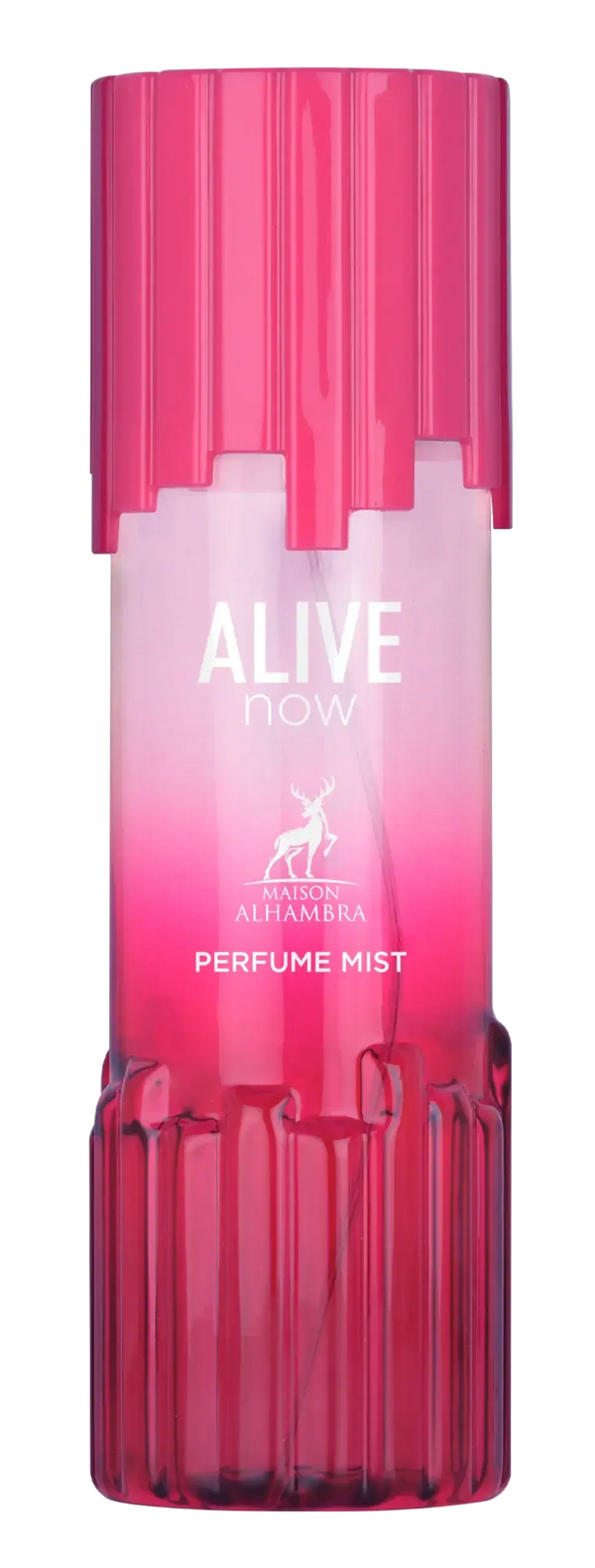 Een levendige roze, geribbelde glazen body mist fles alive now van maison alhambra met bijpassende dop en verloopetiket