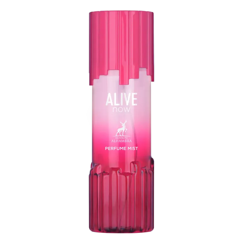Een levendige roze, geribbelde glazen body mist fles alive now van maison alhambra met bijpassende dop en verloopetiket