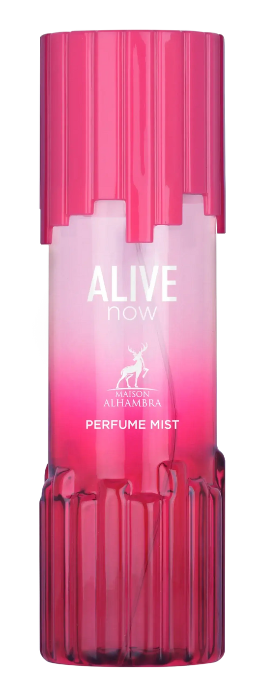 Een levendige roze, geribbelde glazen body mist fles alive now van maison alhambra met bijpassende dop en verloopetiket