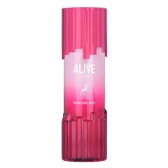 Een levendige roze, geribbelde glazen body mist fles alive now van maison alhambra met bijpassende dop en verloopetiket