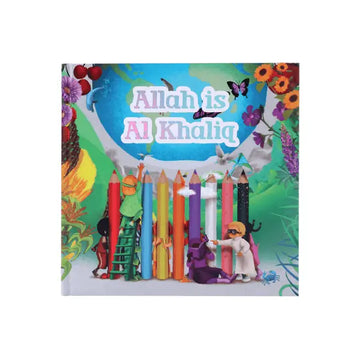 Kleurrijk kinderboek allah is al khaliq met levendige illustraties van potloden bloemen en cartoonfiguren