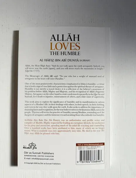 De achterkant van het boek allah loves the humble door al-hafiz ibn abi dunya, uitgegeven door dar al-sunnah publishers