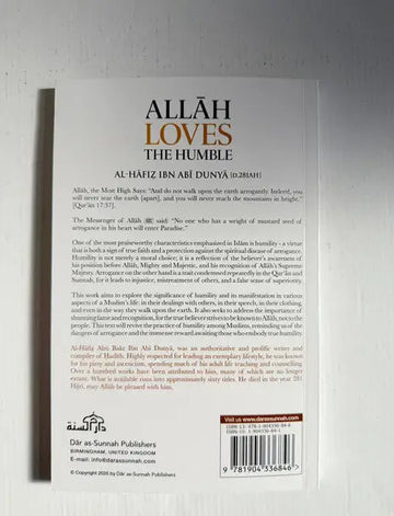 De achterkant van het boek allah loves the humble door al-hafiz ibn abi dunya, uitgegeven door dar al-sunnah publishers