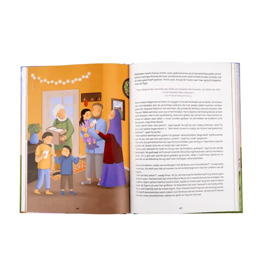 Open boek amal’s grootste wens met kleurrijke illustraties en Nederlandse tekst toont gezins scène linkspagina