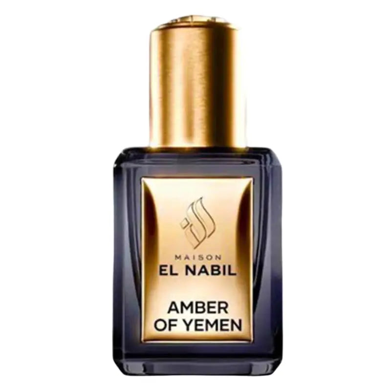 Een strakke donkere glazen fles met een goudkleurige dop en label van amber of yemen parfumolie van maison el nabil