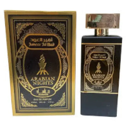 Black rectangular perfume bottle with gold foil arabian nights label and matching ornate box ameer al oud unisex 100ml edp