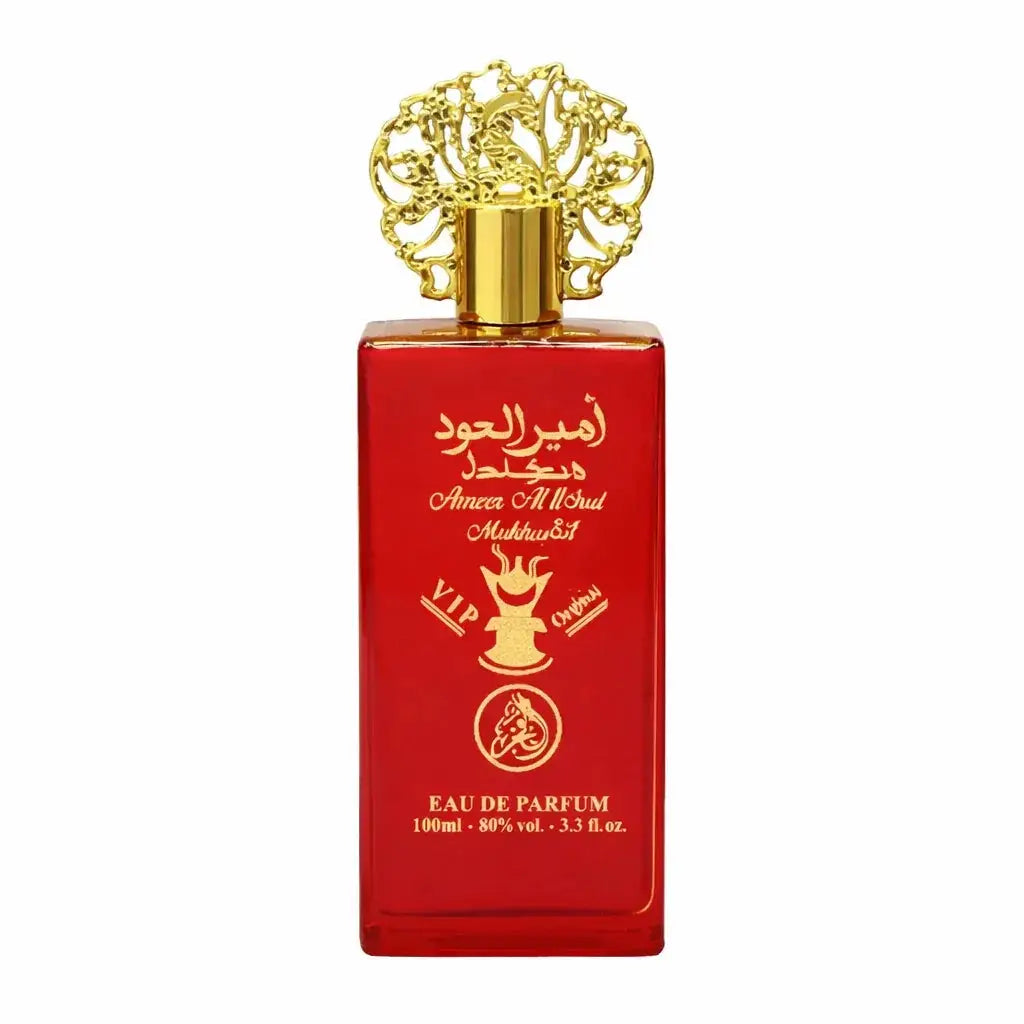 Rood rechthoekig parfumflesje ameer al oud mukhallat edp met gouden letters en sierlijke gouden dop