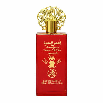 Rood rechthoekig parfumflesje ameer al oud mukhallat edp met gouden letters en sierlijke gouden dop