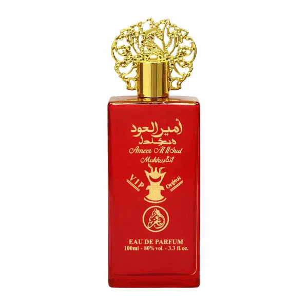 Rood rechthoekig parfumflesje ameer al oud mukhallat edp met gouden letters en sierlijke gouden dop