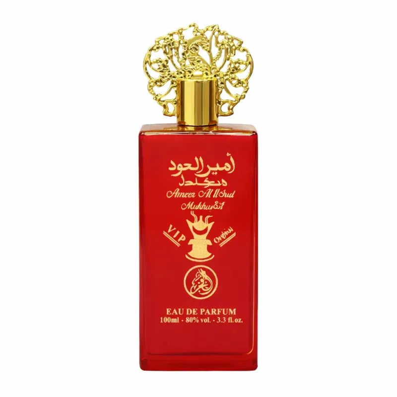 Rood rechthoekig parfumflesje ameer al oud mukhallat edp met gouden letters en sierlijke gouden dop