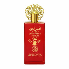 Rood rechthoekig parfumflesje ameer al oud mukhallat edp met gouden letters en sierlijke gouden dop