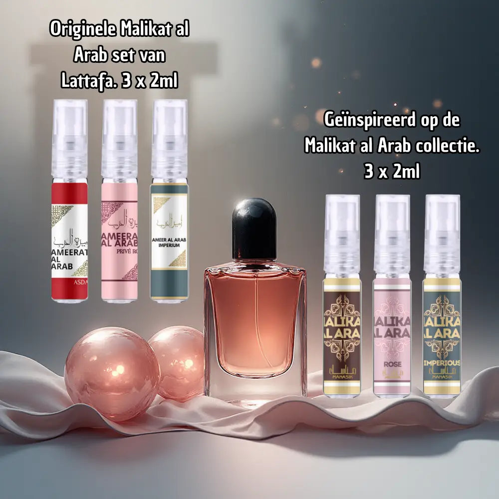 Een slanke amberkleurige parfumfles met zwarte dop en rechthoekig glazen lichaam uit de ameerat al arab set origineel en dupe