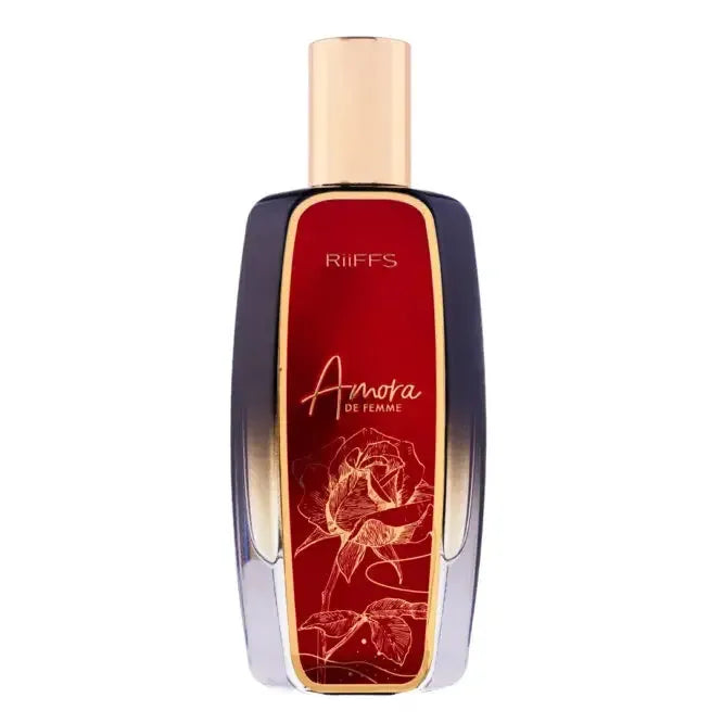Flesje parfum Amora de Femme met rode label en gouden dop