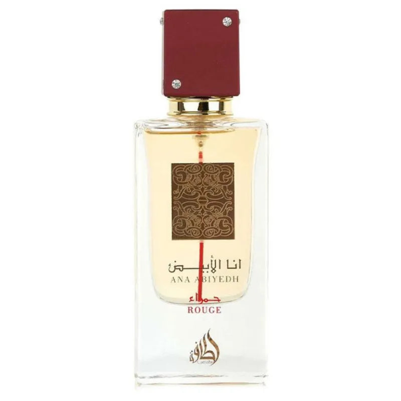 Rectangulair parfumflesje met rode dop van Lattafa Parfum Ana Abiyedh Rouge